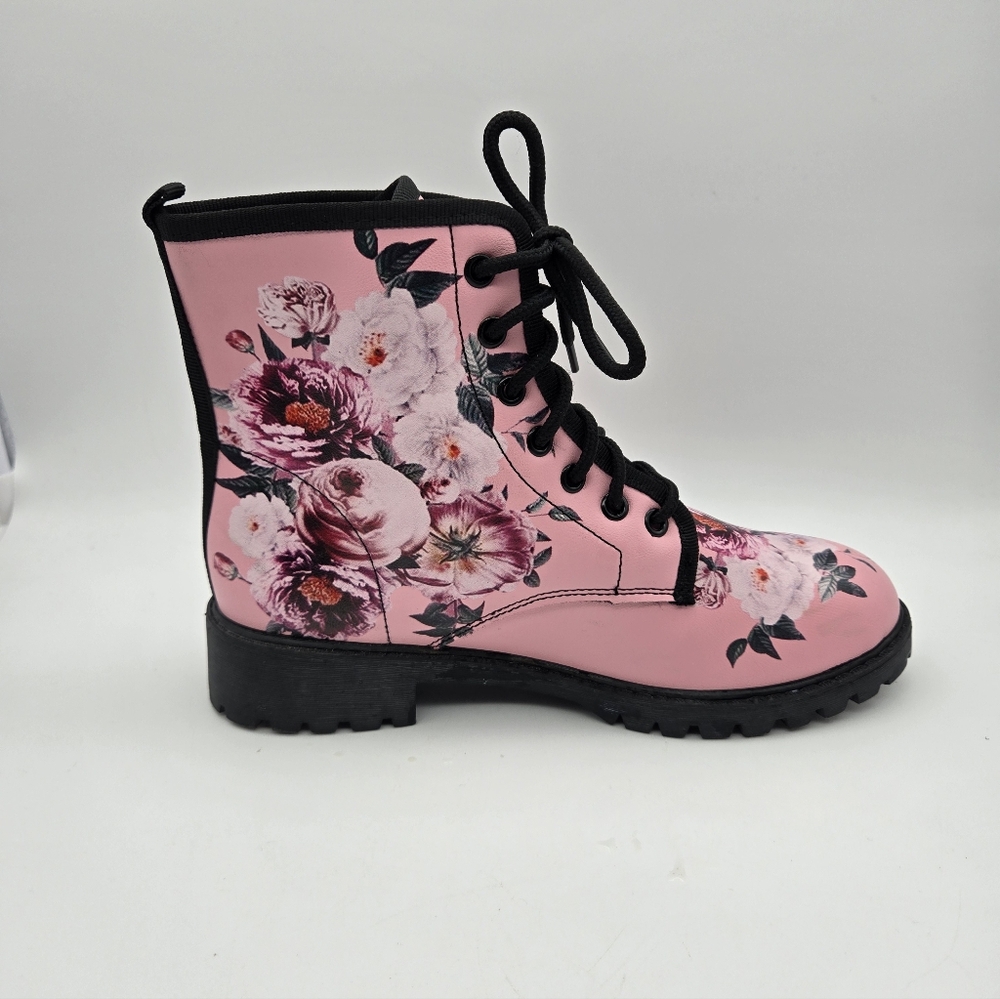 Floral Pink Lace-Up Women's Boots - Picture 6 of 9